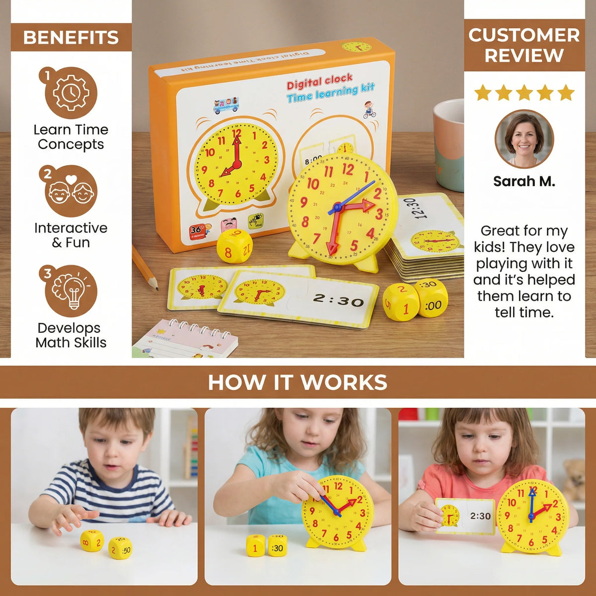 Kids Learning Clock Movable Hands & Dice Game