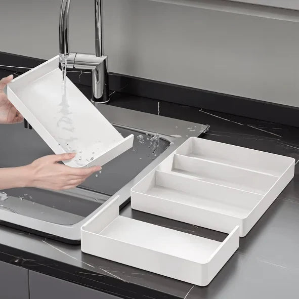 Kitchen Drawer Organizer Adjustable Compartments Wipe-Clean Plastic Surface