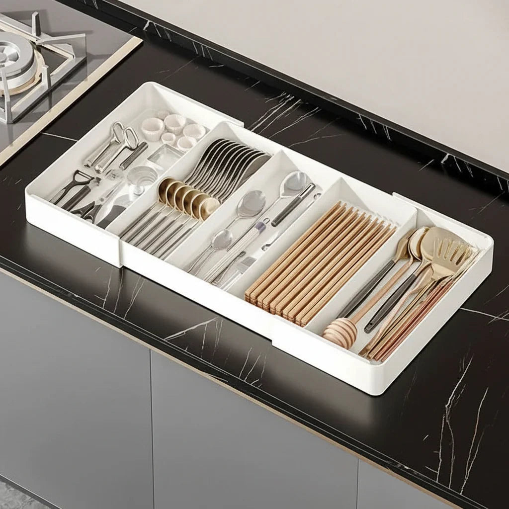 Kitchen Drawer Organizer Adjustable Compartments Wipe-Clean Plastic Surface