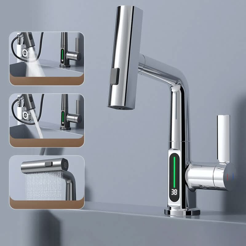 Kitchen Faucet Pull-Out Sprayer LED Temperature Display 360° Swivel