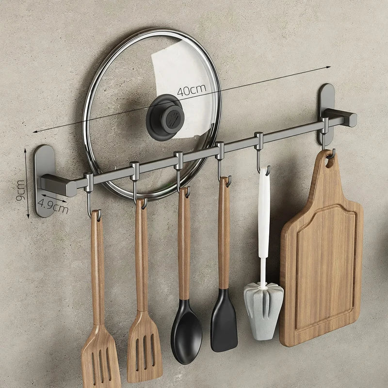 Kitchen Utensil Hook Rail Stainless Steel No-Drill Mount