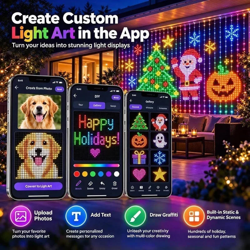 LED Curtain Lights 400 Individually Controlled App & Remote Control