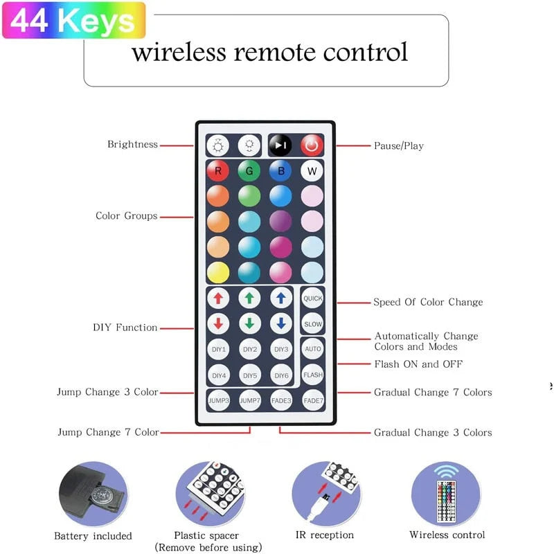 LED Strip Lights RGB Color-Changing Cuttable With Remote Control
