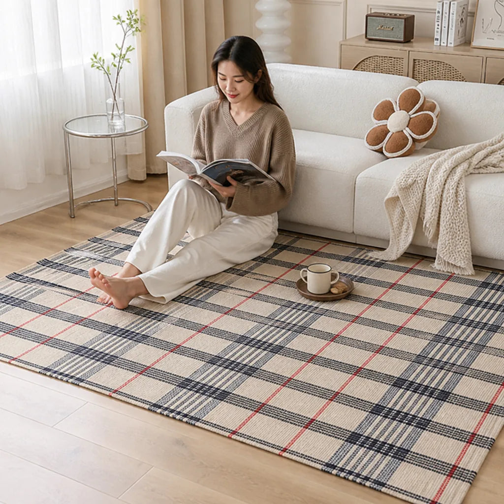 Large Rug Flat-Woven Check Pattern Non-Slip Backing