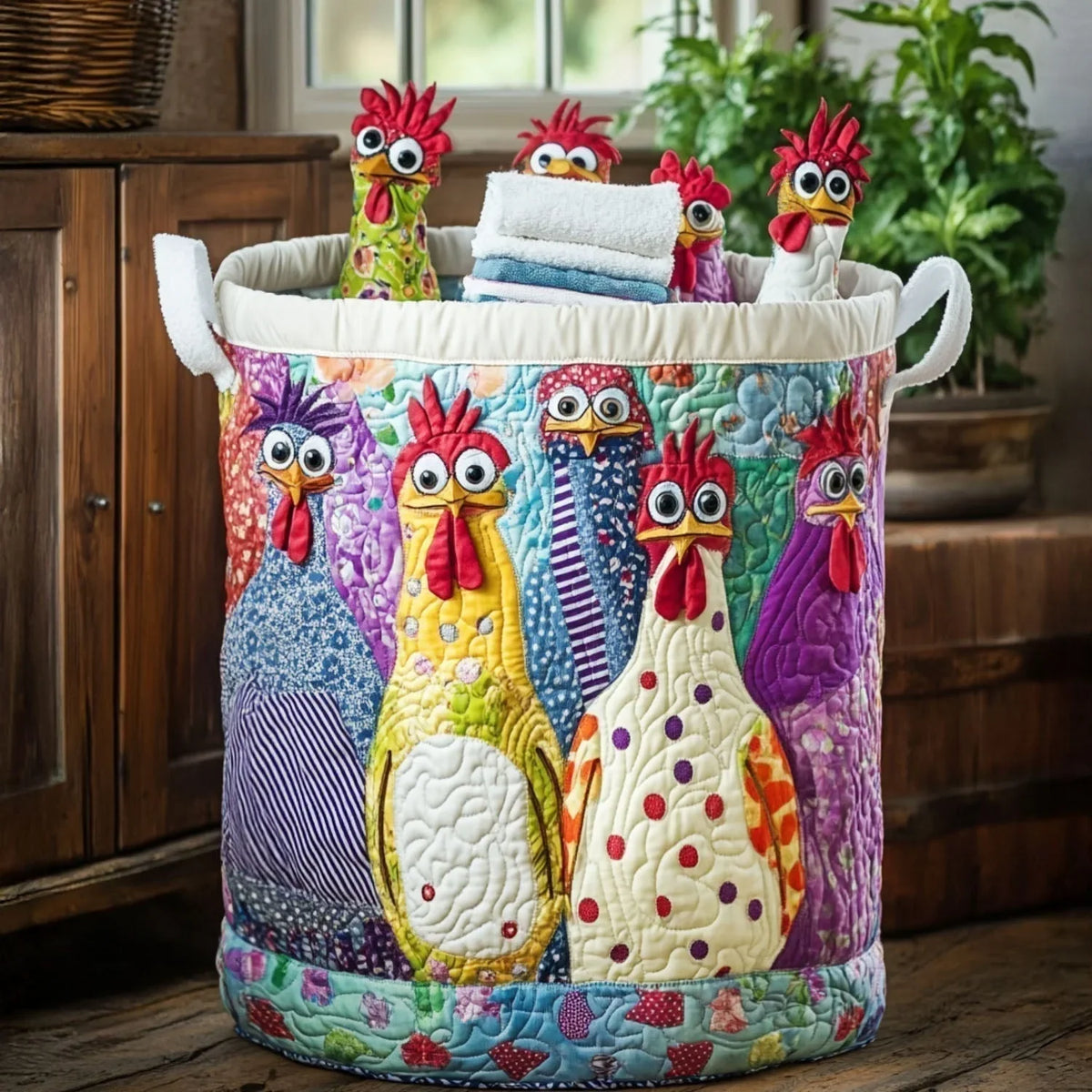 Laundry Basket Quilted Embroidered Rooster Reinforced Handles