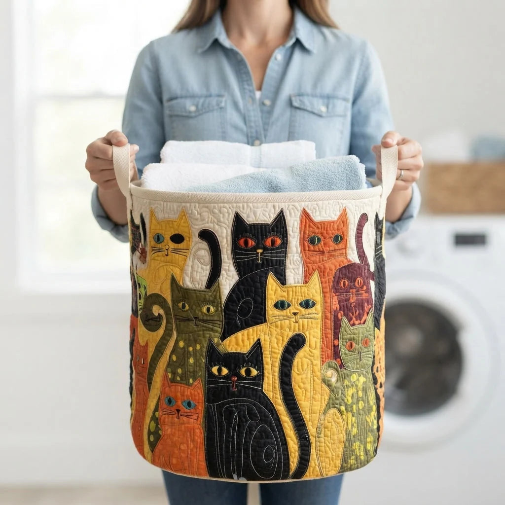 Laundry Hamper Quilted Fabric Self-Standing Foldable With Handles