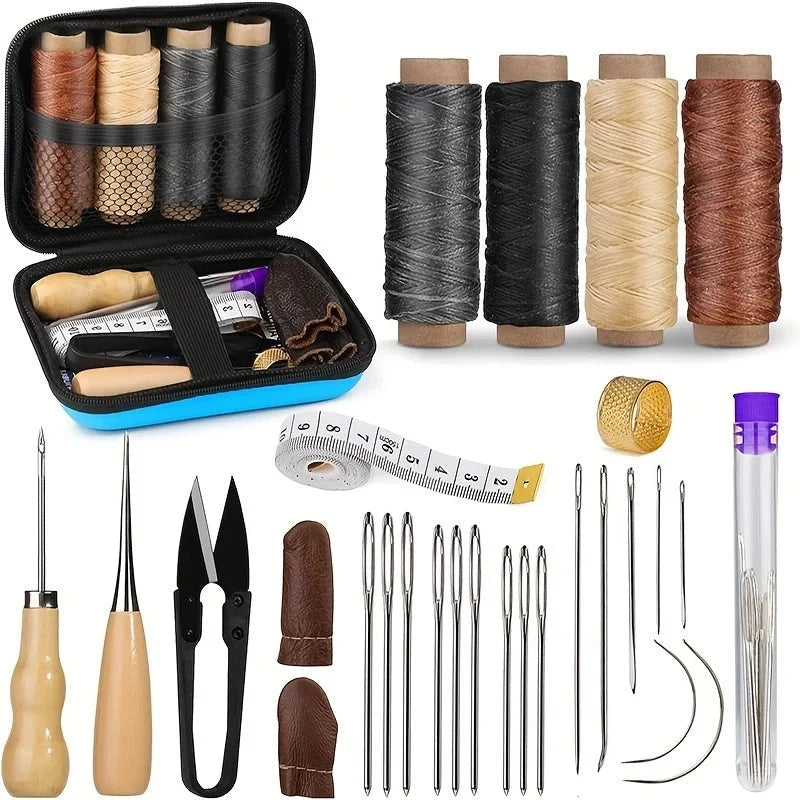 Leather Sewing Kit Waxed Thread Repair Needles Zippered Pouch