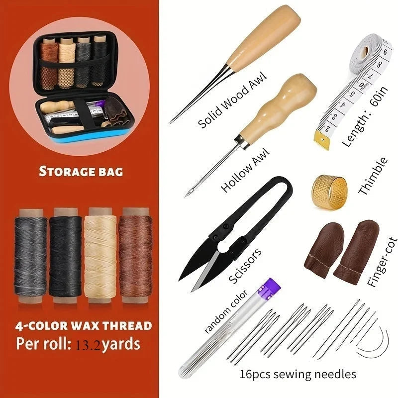 Leather Sewing Kit Waxed Thread Repair Needles Zippered Pouch