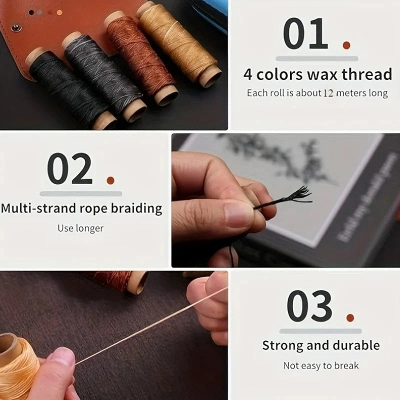 Leather Sewing Kit Waxed Thread Repair Needles Zippered Pouch
