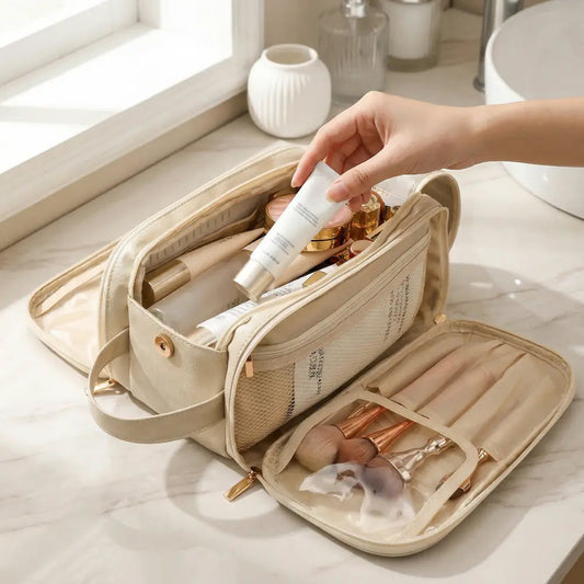 Makeup Organizer Bag Flat Foldable Dual-Zip & Brush Protectors