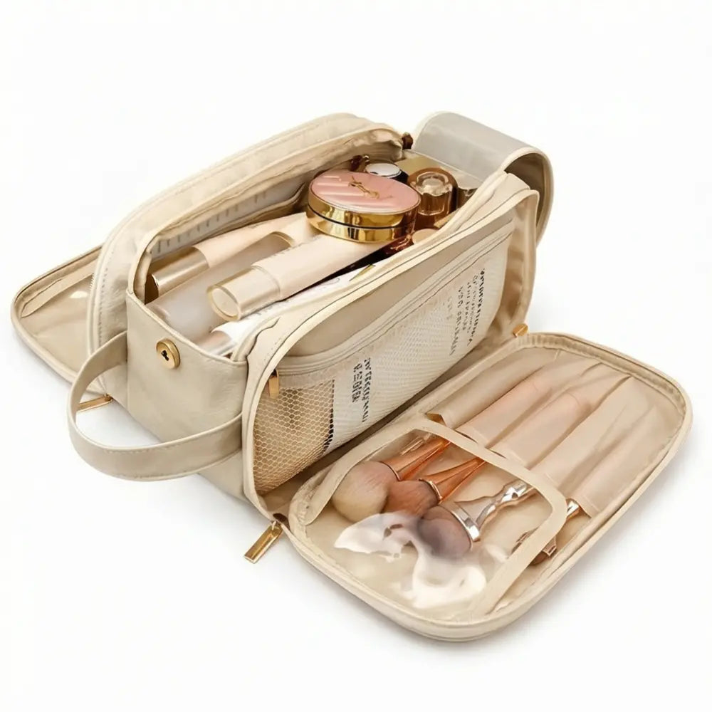 Makeup Organizer Bag Flat Foldable Dual-Zip & Brush Protectors