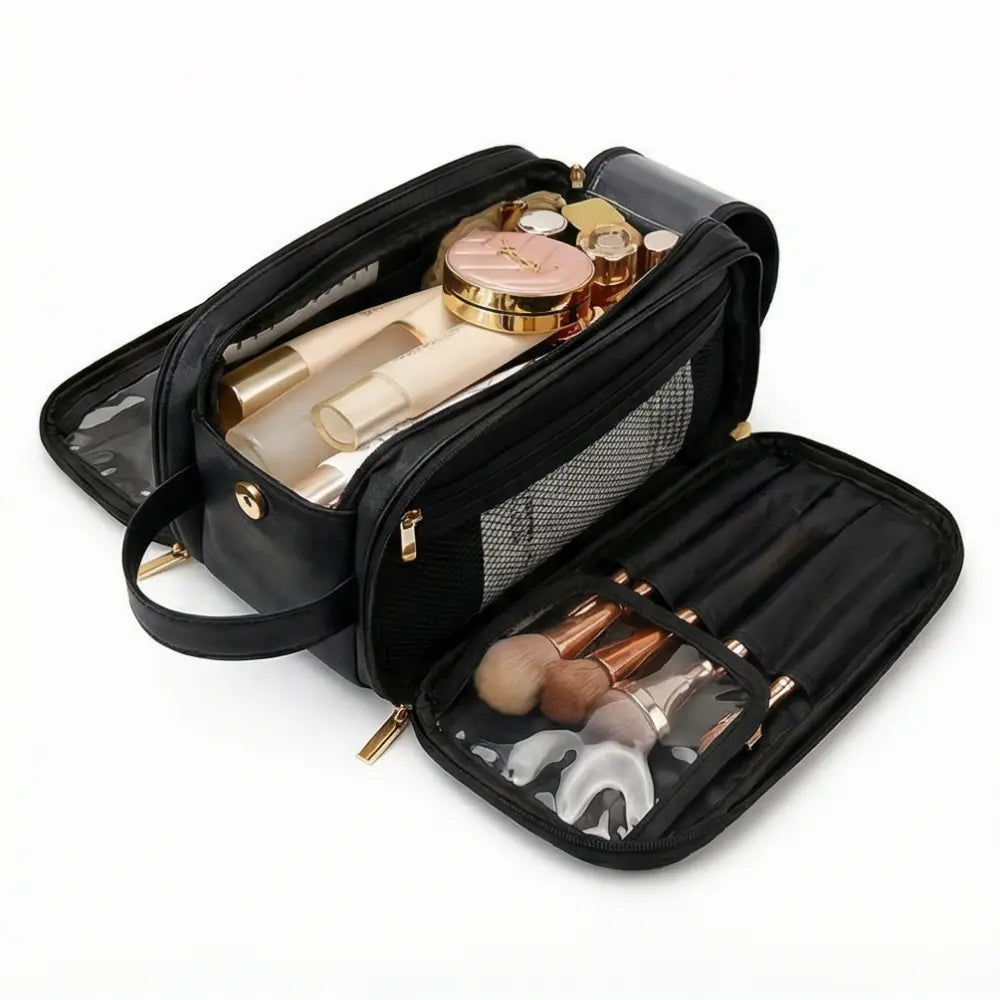 Makeup Organizer Bag Flat Foldable Dual-Zip & Brush Protectors