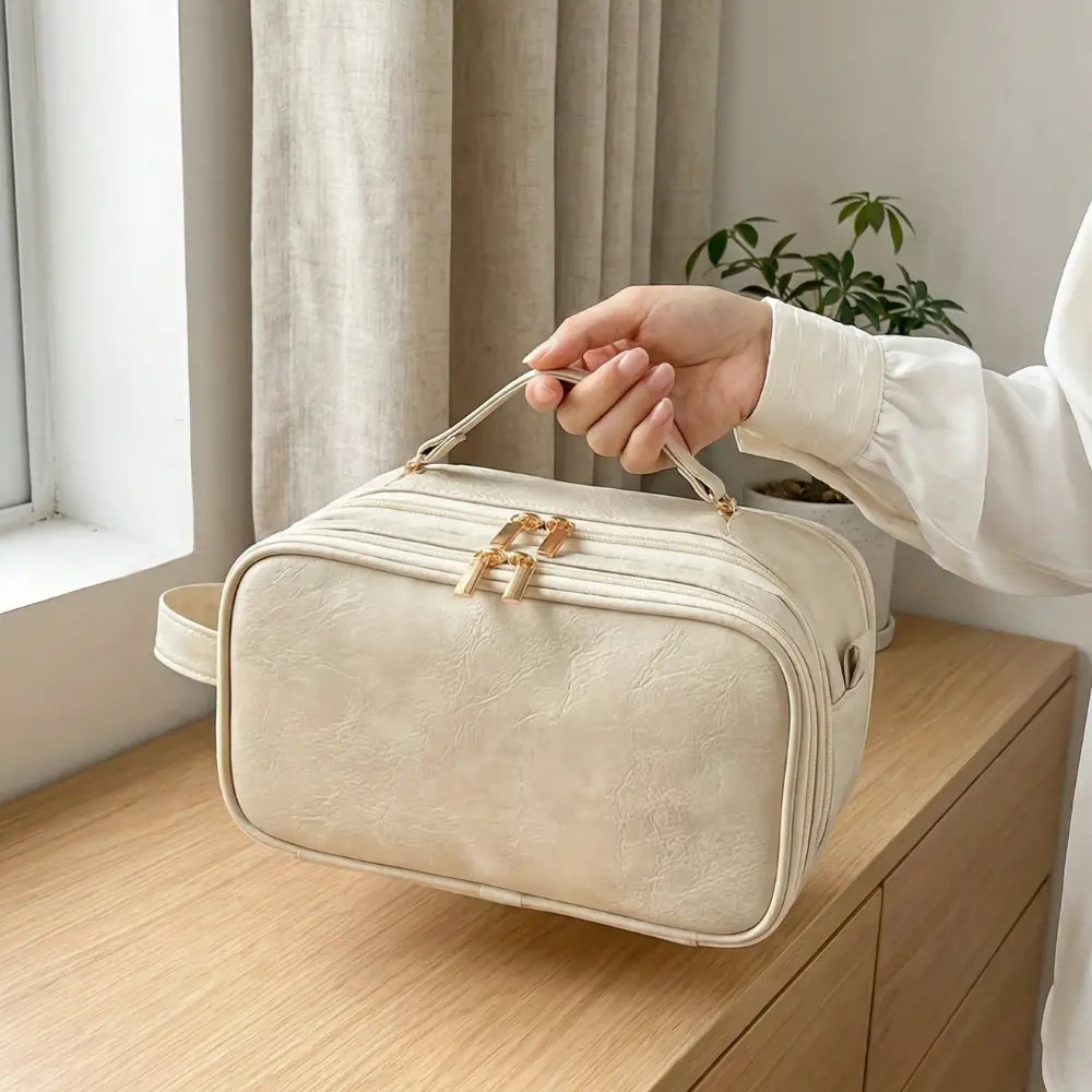 Makeup Organizer Bag Flat Foldable Dual-Zip & Brush Protectors