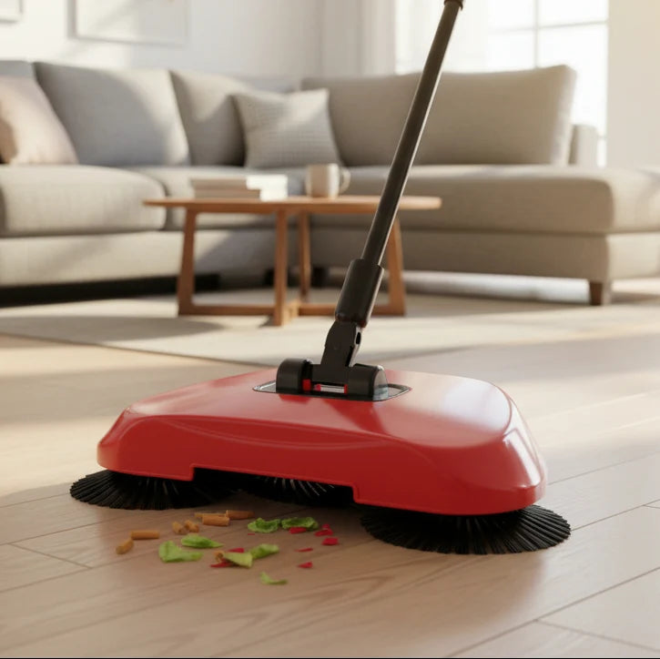 Manual Floor Sweeper 360° Rotating Brushes Easy-Empty Collection Box