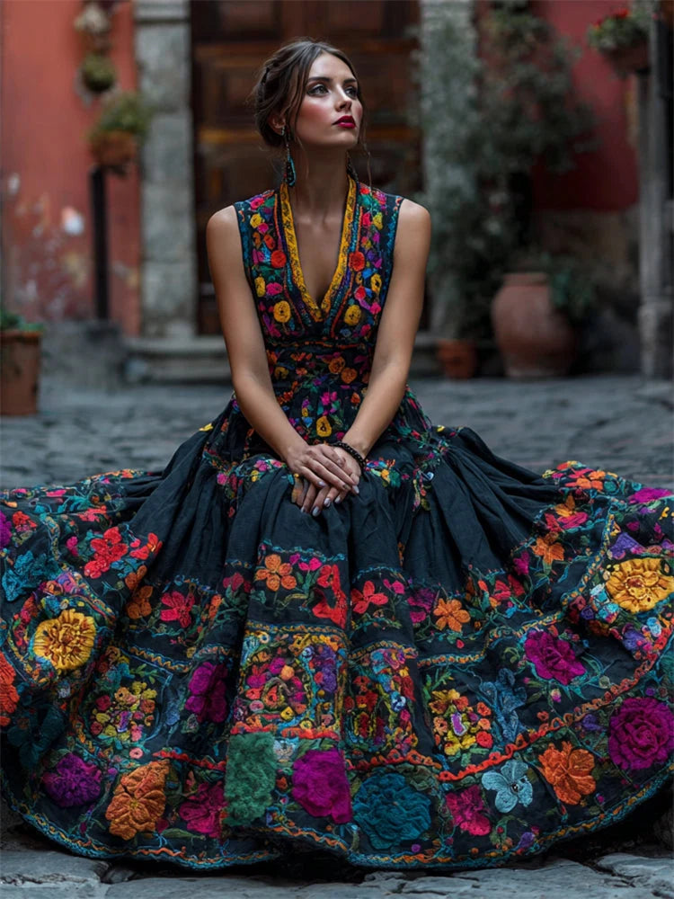 Maxi Dress Floral Print Sleeveless V-Neck Floor-Length