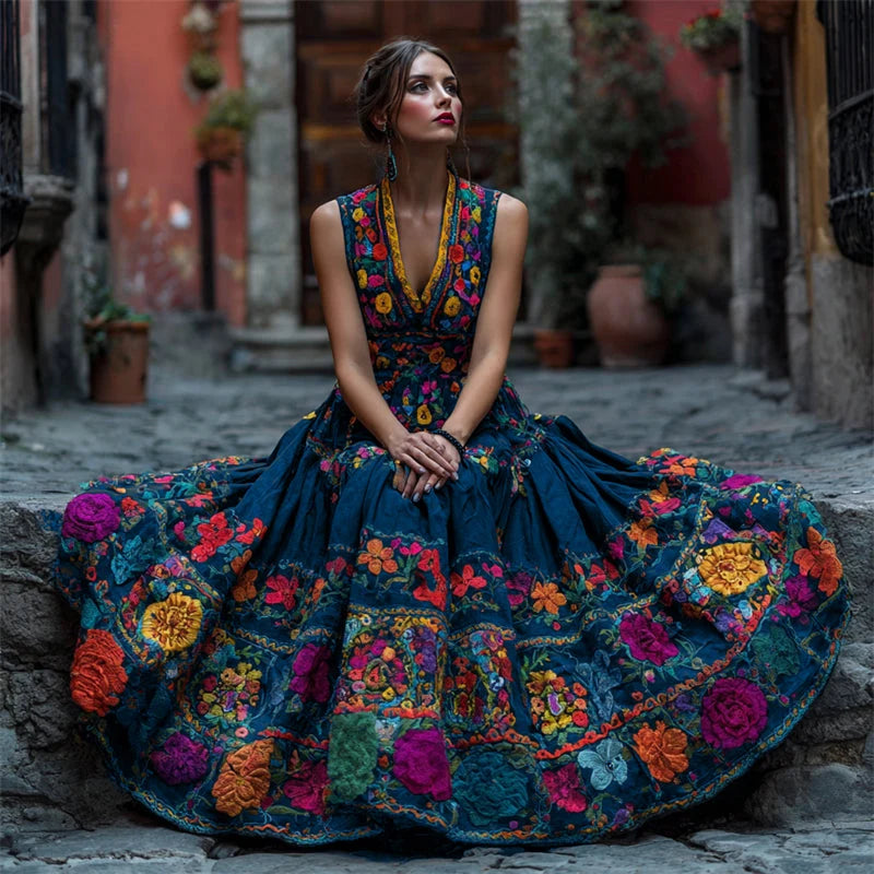 Maxi Dress Floral Print Sleeveless V-Neck Floor-Length