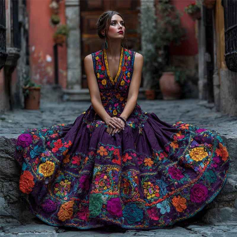 Maxi Dress Floral Print Sleeveless V-Neck Floor-Length
