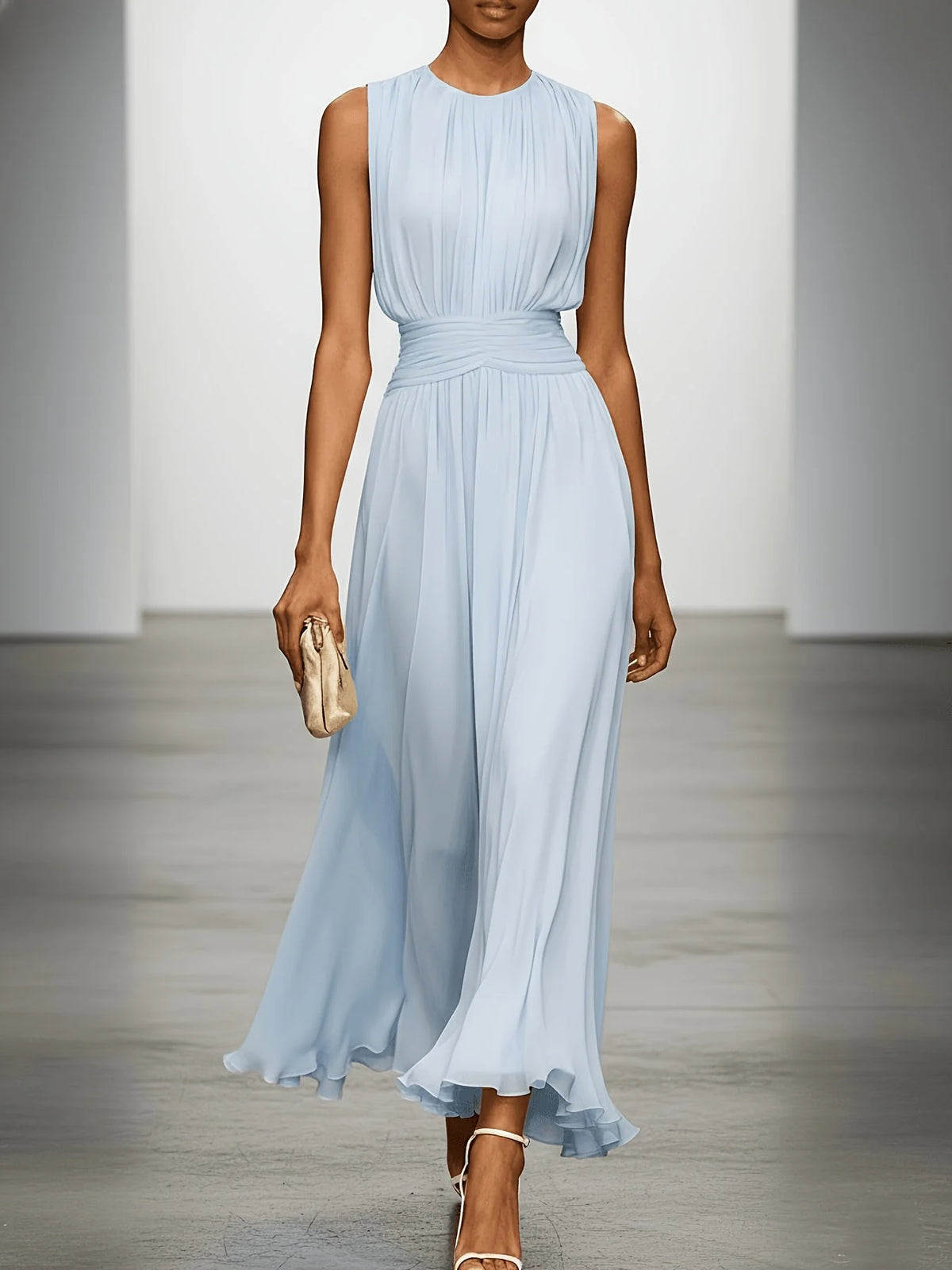 Maxi Dress Sleeveless Pleated Ruched Waist