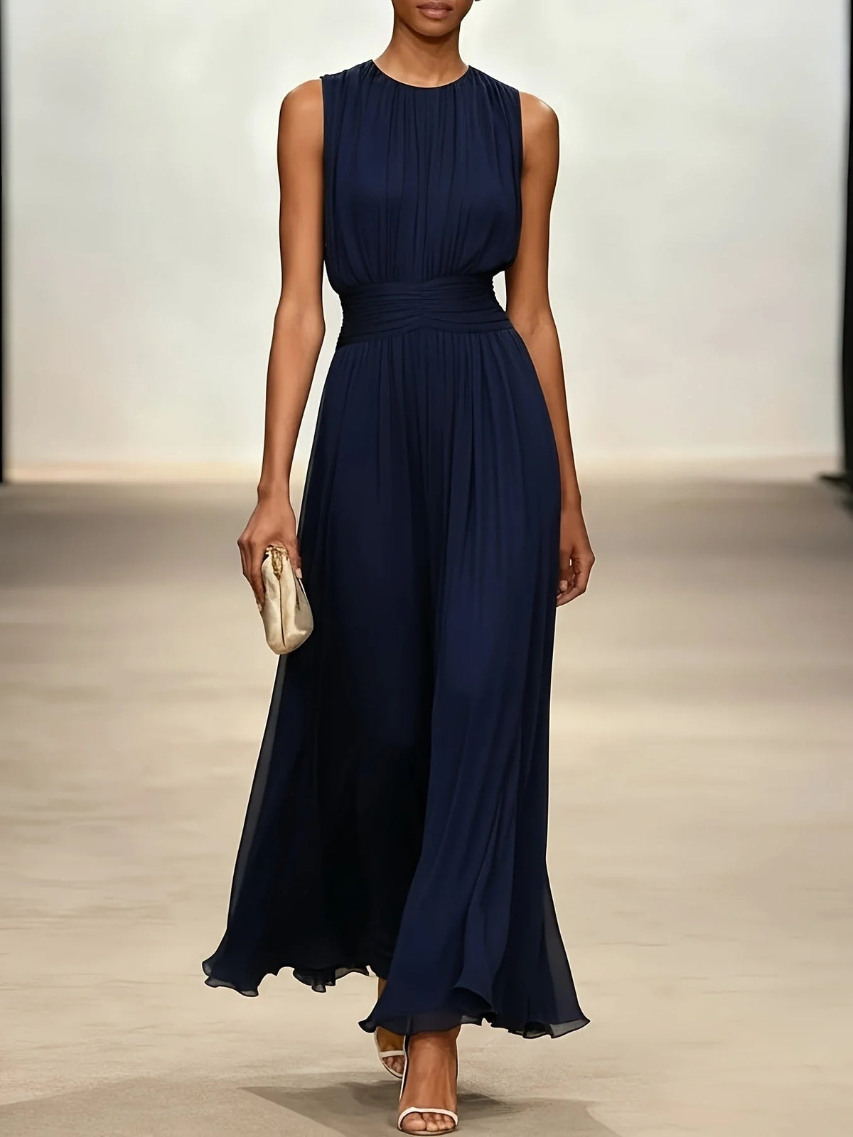 Maxi Dress Sleeveless Pleated Ruched Waist