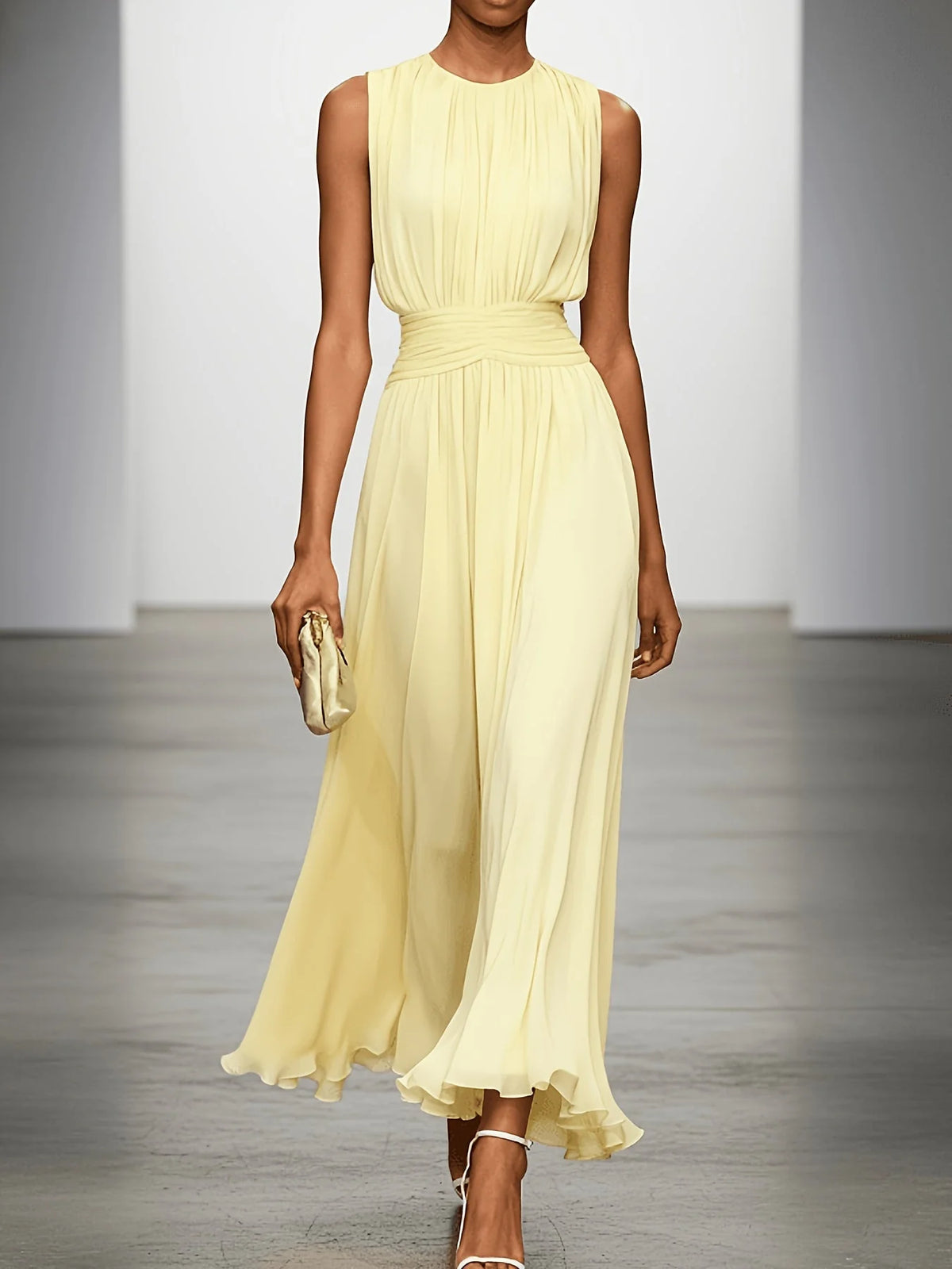 Maxi Dress Sleeveless Pleated Ruched Waist