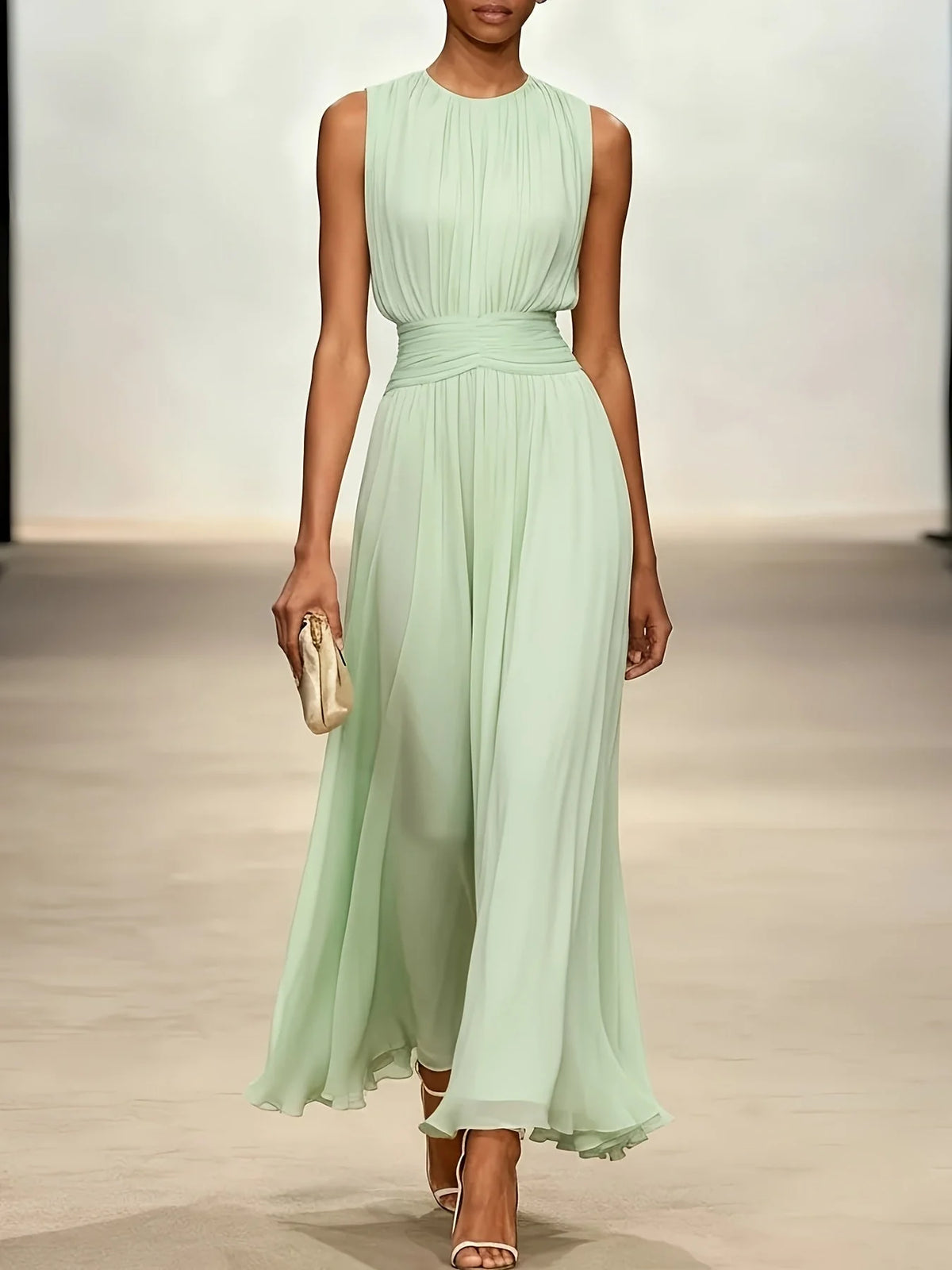 Maxi Dress Sleeveless Pleated Ruched Waist