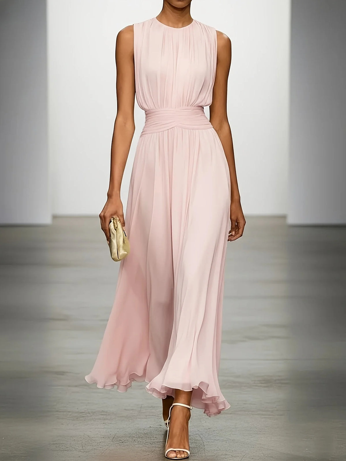 Maxi Dress Sleeveless Pleated Ruched Waist