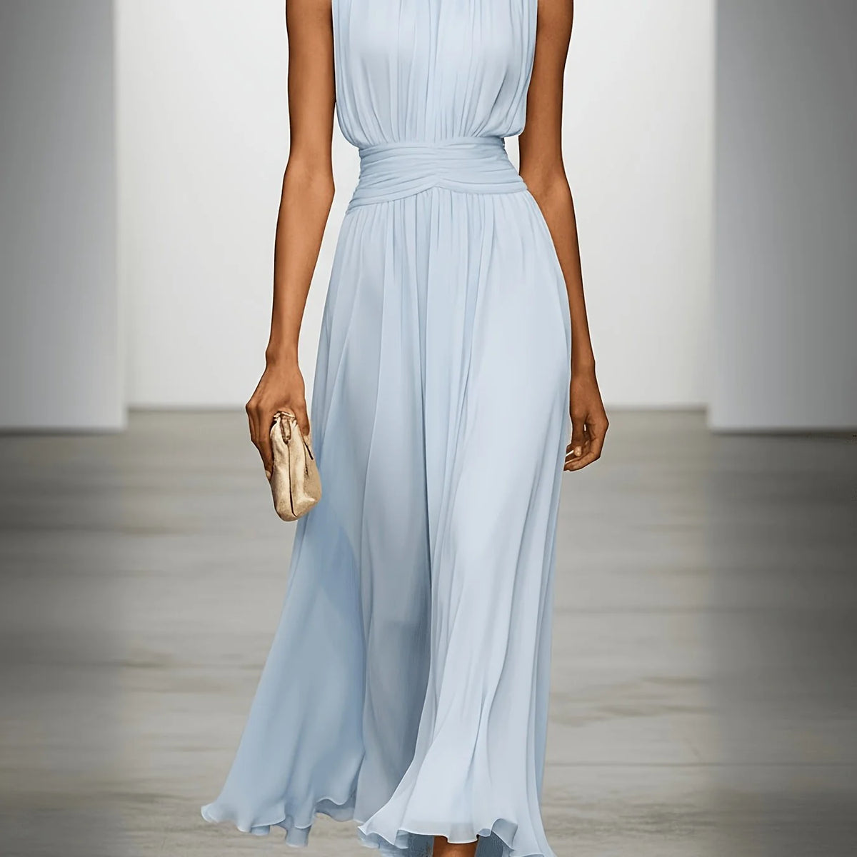 Maxi Dress Sleeveless Pleated Ruched Waist