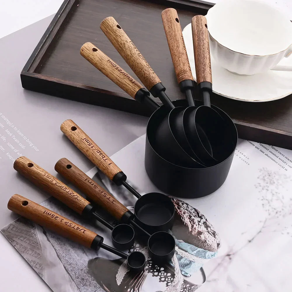 Measuring Cups & Spoons Engraved Stainless Steel Wood Handles