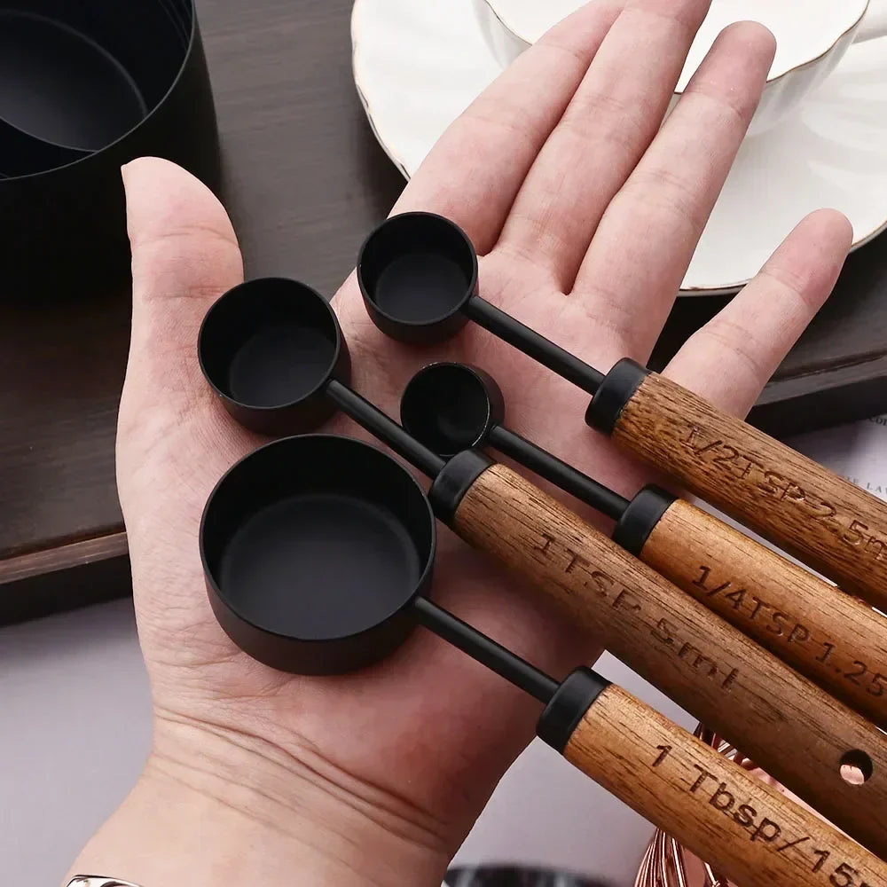 Measuring Cups & Spoons Engraved Stainless Steel Wood Handles