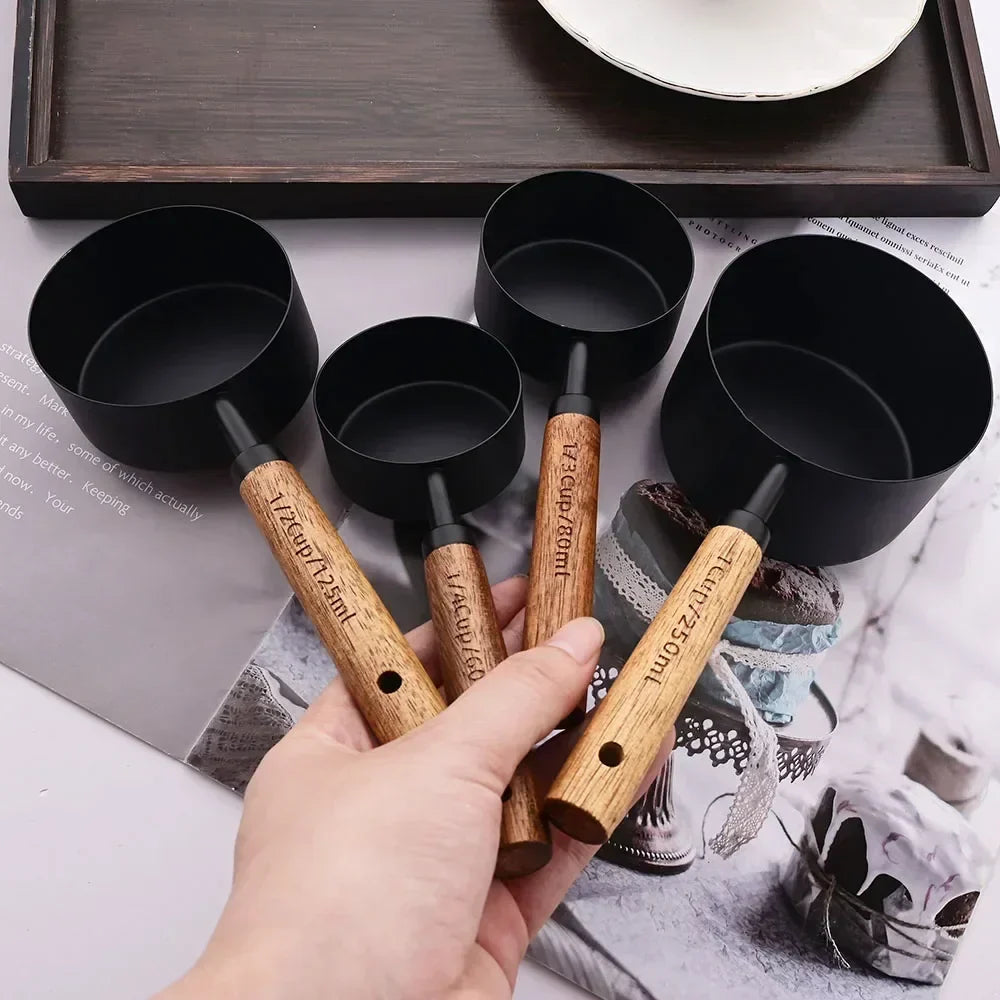 Measuring Cups & Spoons Engraved Stainless Steel Wood Handles