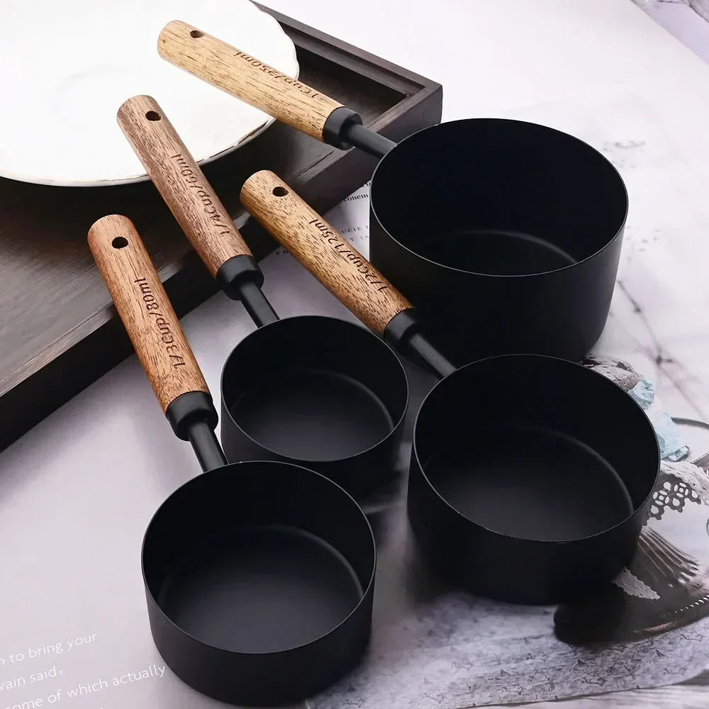 Measuring Cups & Spoons Engraved Stainless Steel Wood Handles