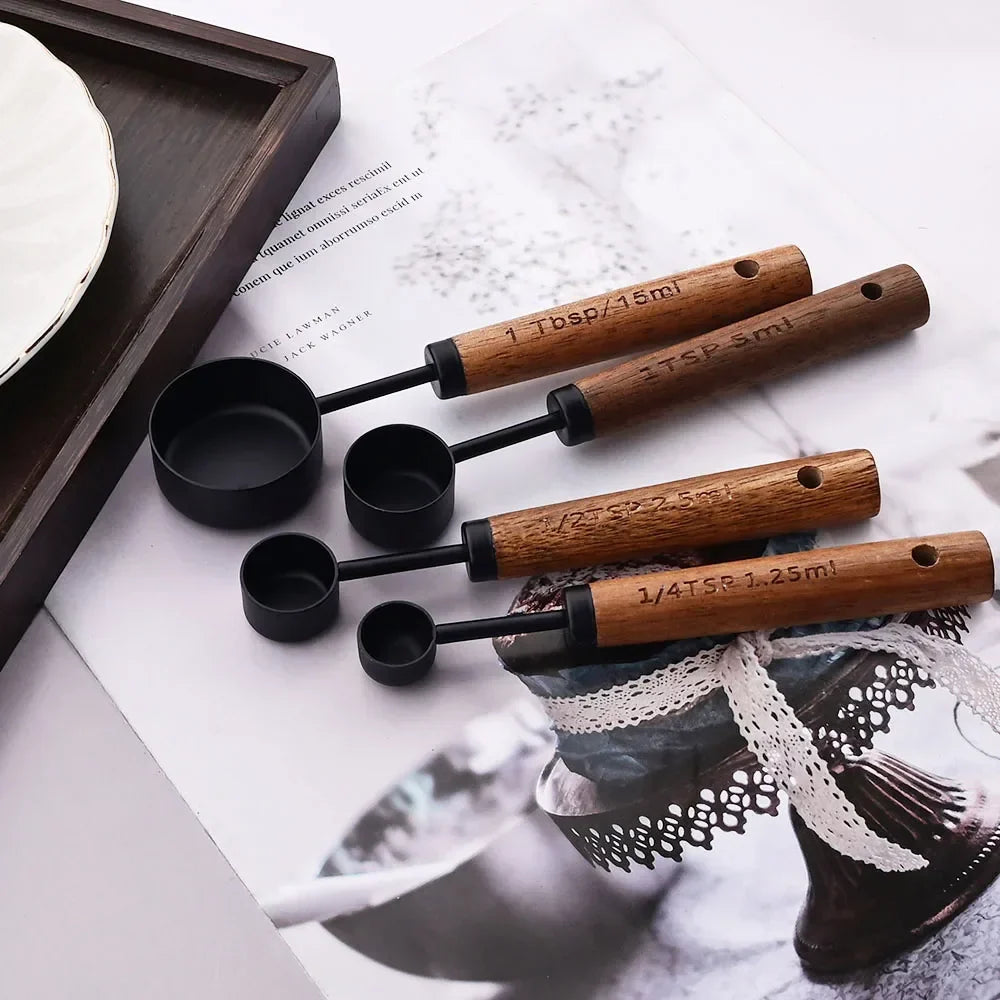 Measuring Cups & Spoons Engraved Stainless Steel Wood Handles