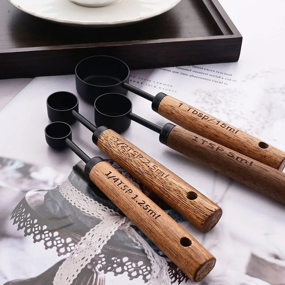 Measuring Cups & Spoons Engraved Stainless Steel Wood Handles