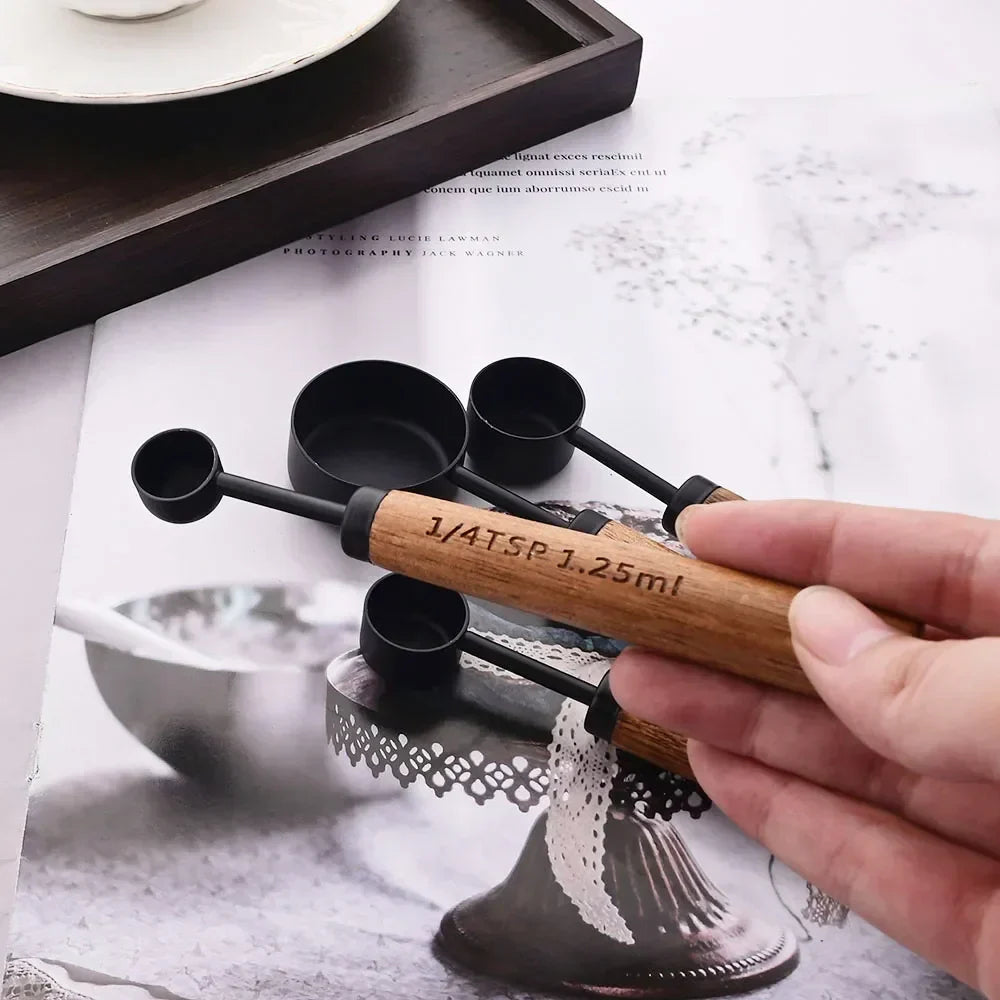 Measuring Cups & Spoons Engraved Stainless Steel Wood Handles