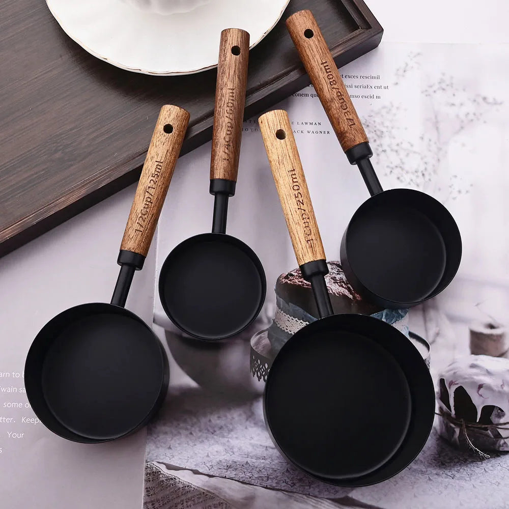 Measuring Cups & Spoons Engraved Stainless Steel Wood Handles