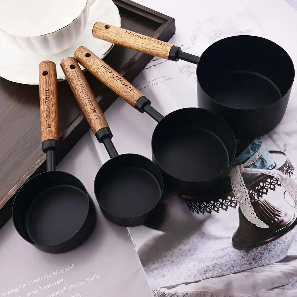 Measuring Cups & Spoons Engraved Stainless Steel Wood Handles