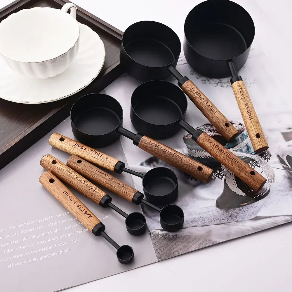 Measuring Cups & Spoons Engraved Stainless Steel Wood Handles