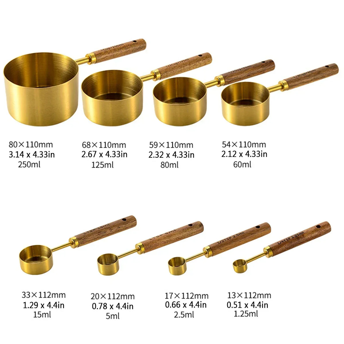Measuring Cups & Spoons Engraved Stainless Steel Wood Handles