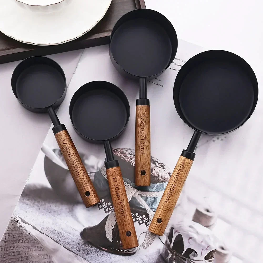 Measuring Cups & Spoons Engraved Stainless Steel Wood Handles