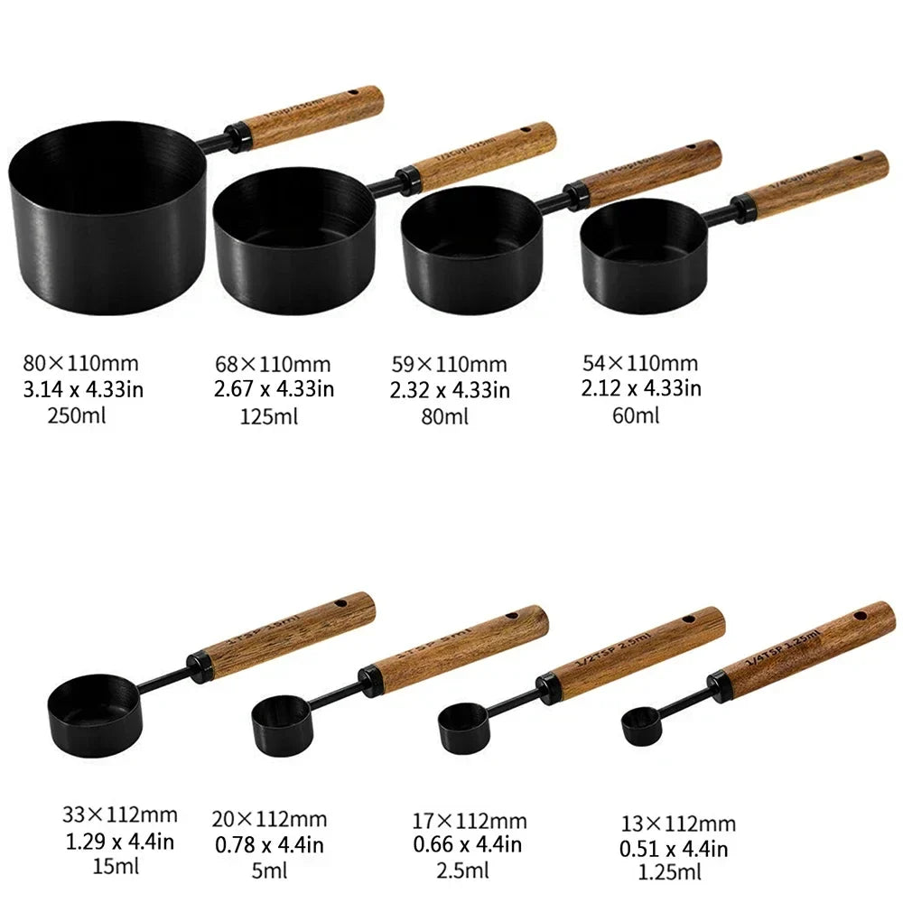 Measuring Cups & Spoons Engraved Stainless Steel Wood Handles