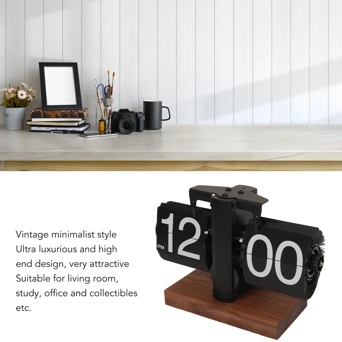 Mechanical Flip Clock Black Walnut Large Numbers