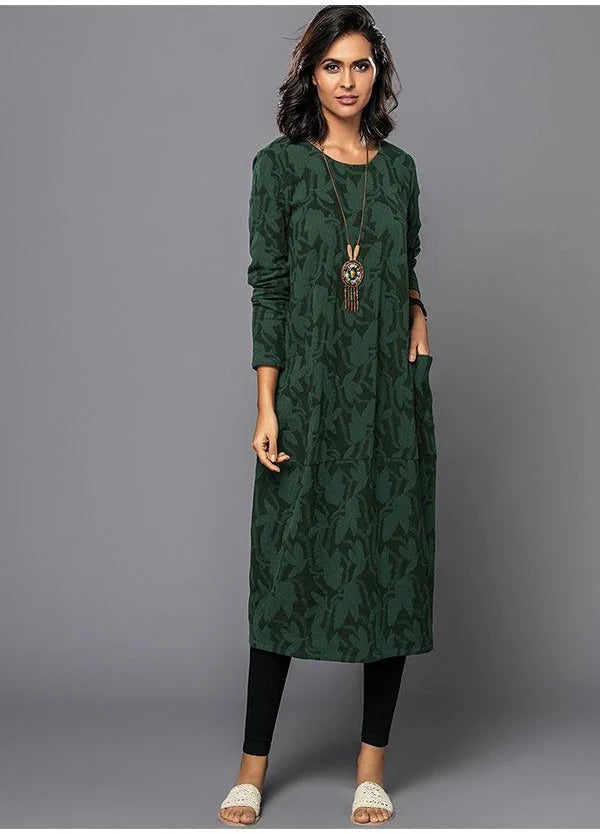 Midi Dress Floral Print Long Sleeves Side Pockets