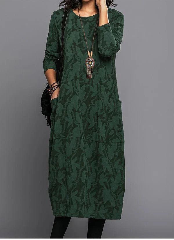 Midi Dress Floral Print Long Sleeves Side Pockets