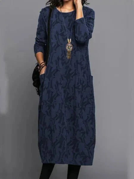 Midi Dress Floral Print Long Sleeves Side Pockets