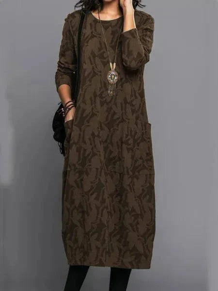 Midi Dress Floral Print Long Sleeves Side Pockets