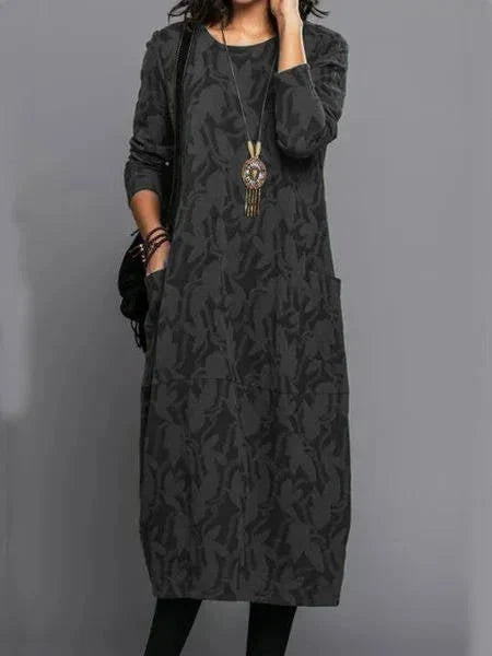 Midi Dress Floral Print Long Sleeves Side Pockets