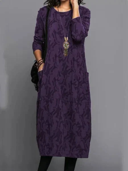 Midi Dress Floral Print Long Sleeves Side Pockets