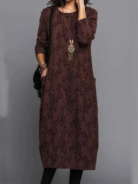 Midi Dress Floral Print Long Sleeves Side Pockets