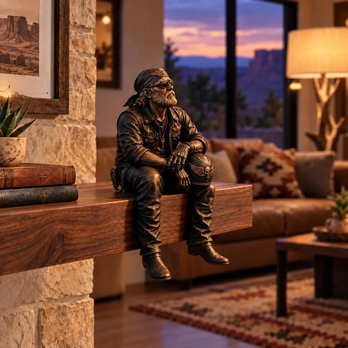Motorcycle Rider Figurine Rustic Shelf Decor