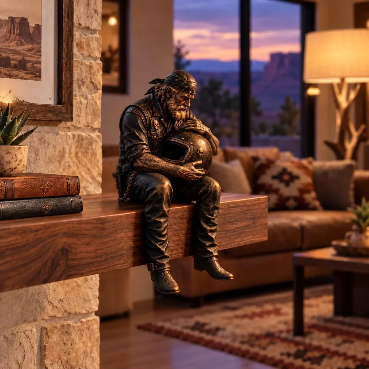 Motorcycle Rider Figurine Rustic Shelf Decor